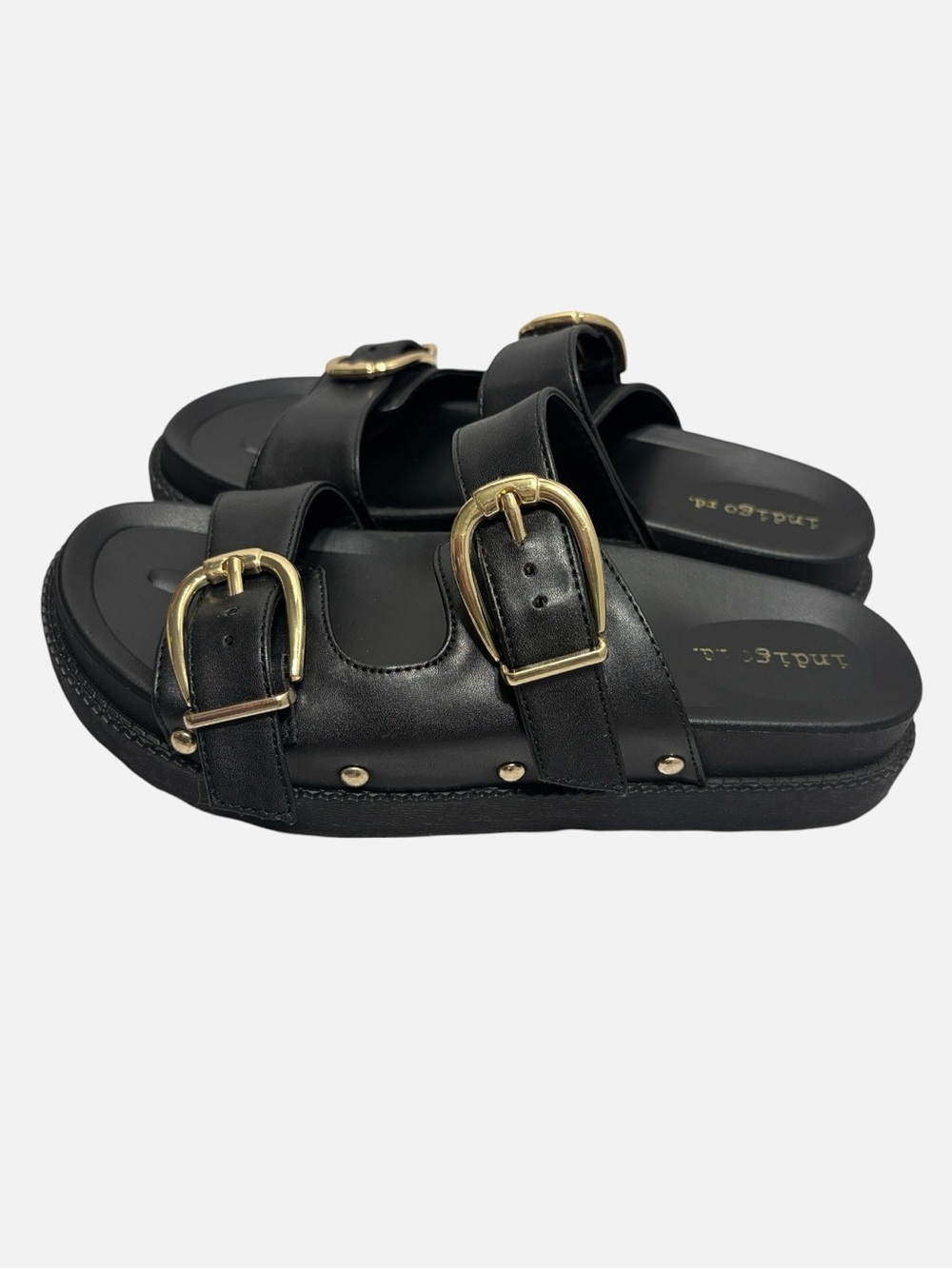 Indigo Rd. Women’s Black Gold Double-Buckle Chunky Slide Sandals Size 6 - Picture 3 of 14